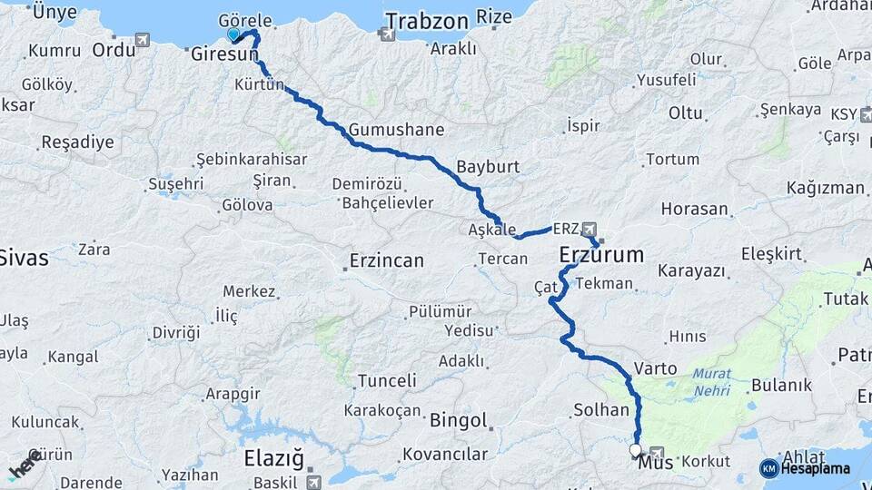 Giresun Espiye Muş Arası Kaç Km - Yol Haritası