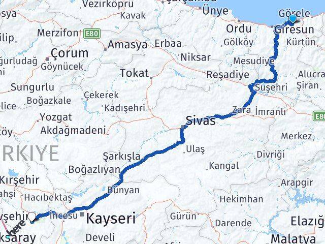 Giresun Espiye Nevşehir Arası Kaç Km - Yol Haritası