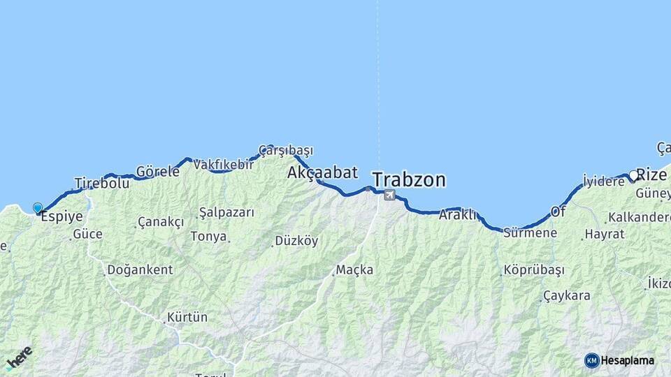Giresun Espiye Rize Arası Kaç Km - Yol Haritası