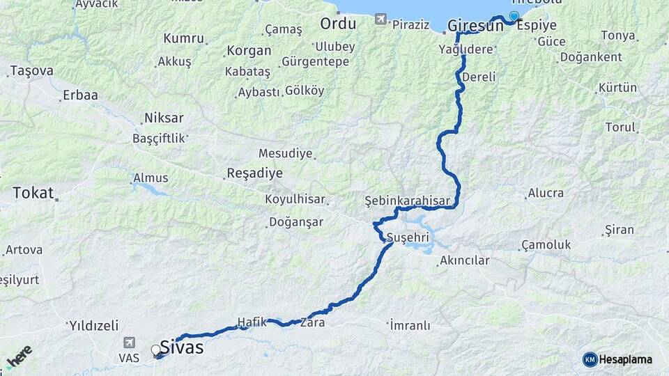 Giresun Espiye Sivas Arası Kaç Km - Yol Haritası