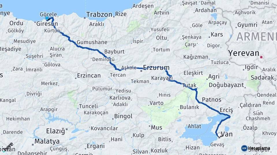 Giresun Espiye Van Arası Kaç Km - Yol Haritası