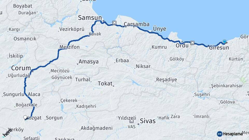 Giresun Espiye Yozgat Arası Kaç Km - Yol Haritası