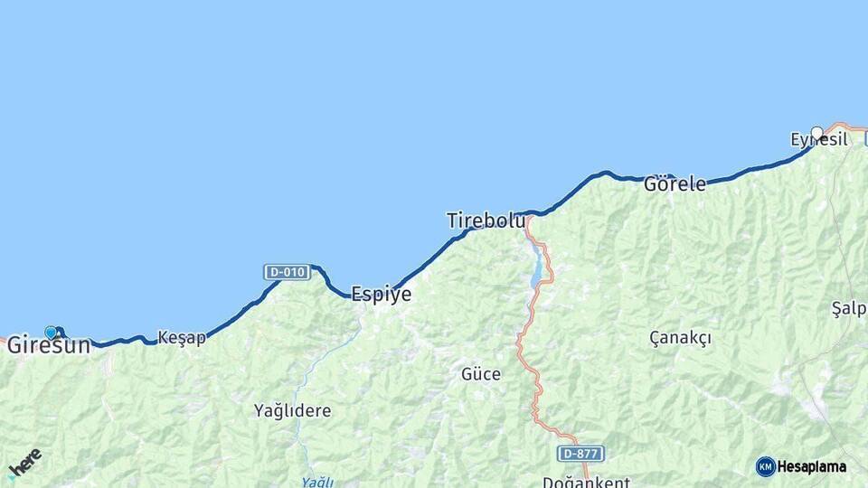 Giresun Eynesil Arası Kaç Km - Yol Haritası