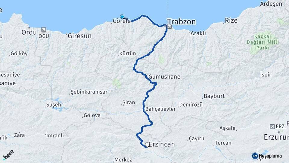 Giresun Eynesil Erzincan Arası Kaç Km - Yol Haritası