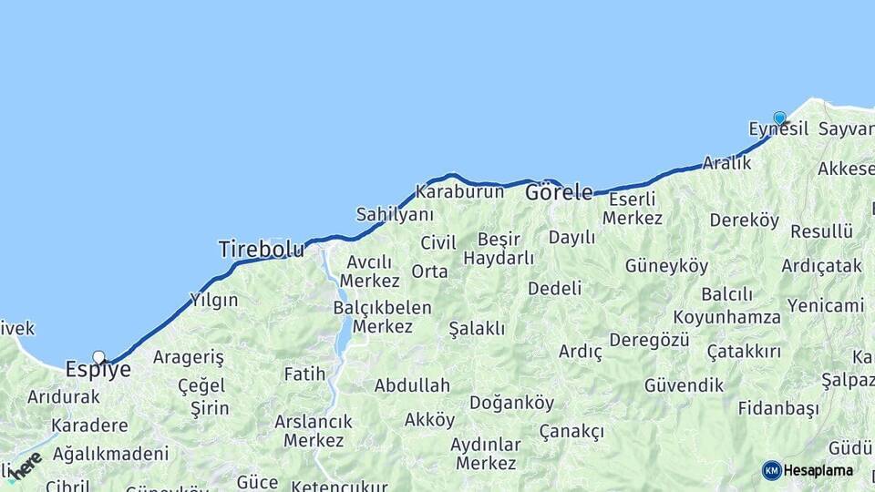 Giresun Eynesil Espiye Arası Kaç Km - Yol Haritası