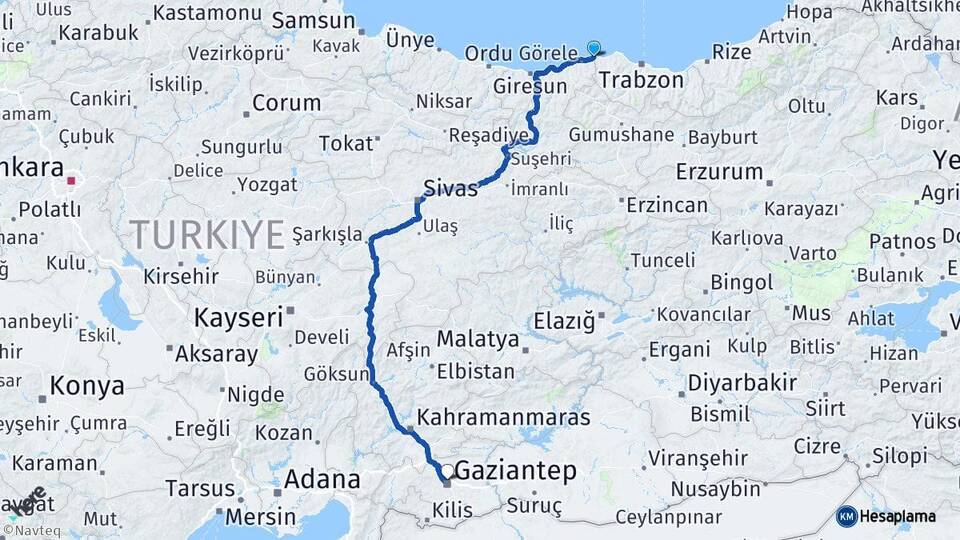 Giresun Eynesil Gaziantep Arası Kaç Km - Yol Haritası