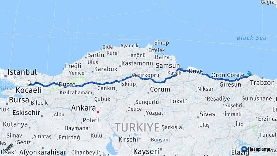 Giresun Eynesil Kocaeli Arası Kaç Km - Yol Haritası