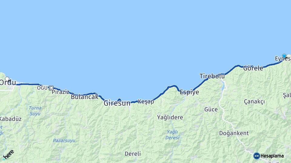 Giresun Eynesil Ordu Arası Kaç Km - Yol Haritası