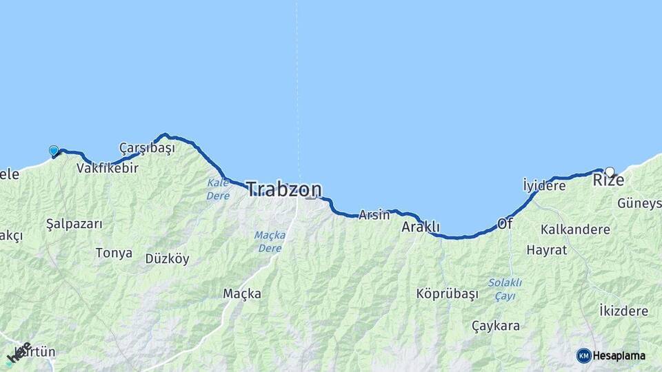 Giresun Eynesil Rize Arası Kaç Km - Yol Haritası