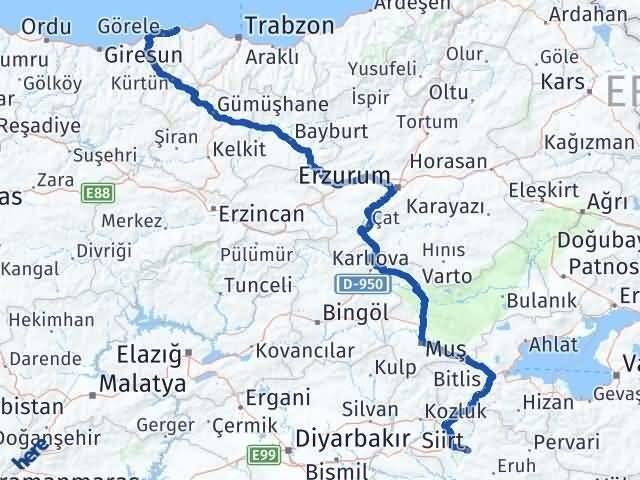 Eynesil Siirt Arası Kaç Km - Yol Tarifi