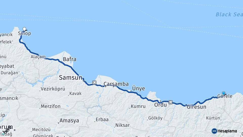 Giresun Eynesil Sinop Arası Kaç Km - Yol Haritası
