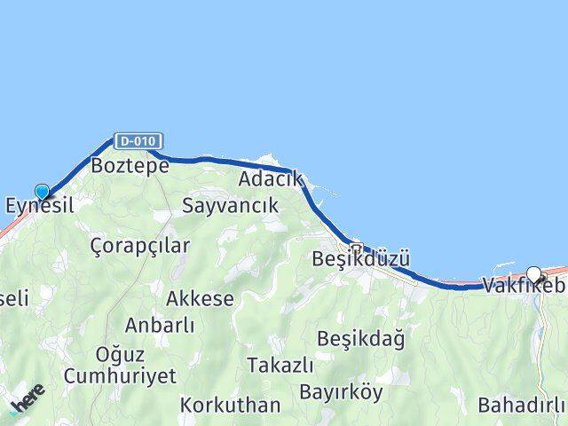 Giresun Eynesil Vakfıkebir Trabzon Arası Kaç Km - Yol Haritası