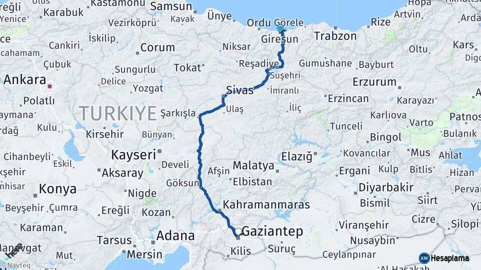 Giresun Gaziantep Arası Kaç Km - Yol Haritası