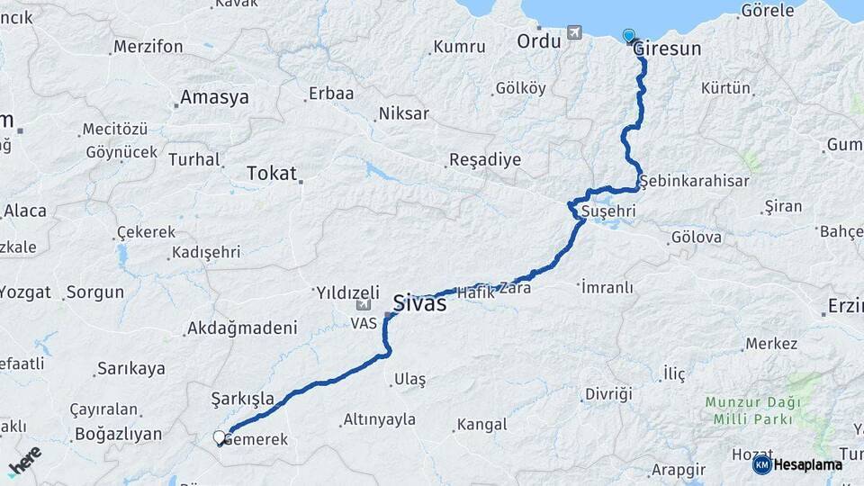 Giresun Gemerek Sivas Arası Kaç Km - Yol Haritası