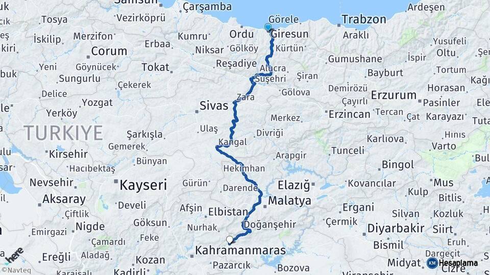 Giresun Gölbaşı Adıyaman Arası Kaç Km - Yol Haritası