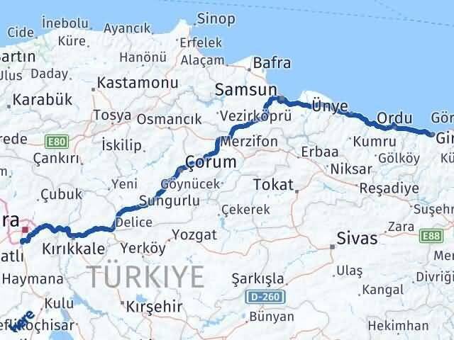 Giresun Gölbaşı Ankara Arası Kaç Km - Yol Haritası