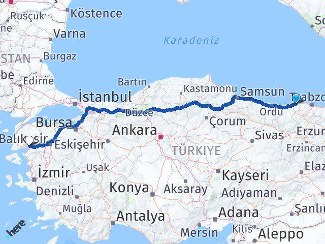 Giresun Görele Akçay Edremit Balıkesir Arası Kaç Km - Yol Haritası