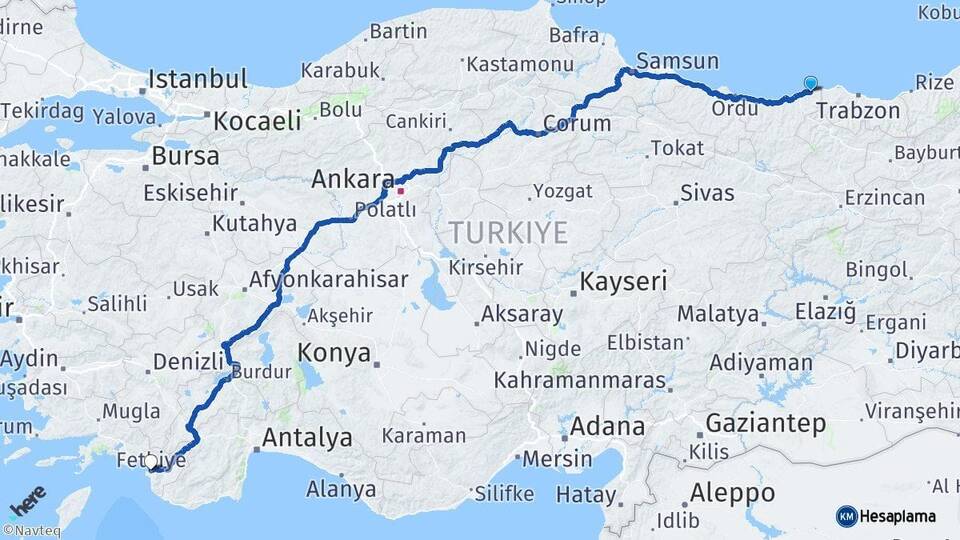 Giresun Görele Fethiye Muğla Arası Kaç Km - Yol Haritası