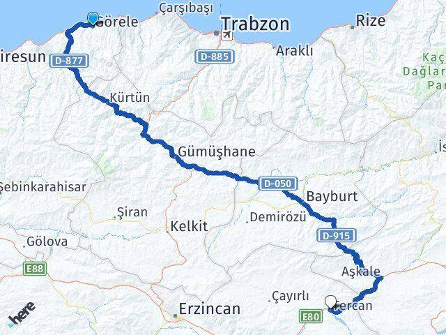 Giresun Görele Tercan Erzincan Arası Kaç Km - Yol Haritası