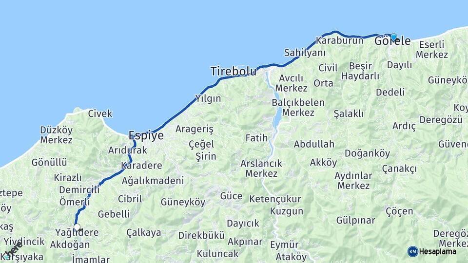 Giresun Görele Yağlıdere Arası Kaç Km - Yol Haritası