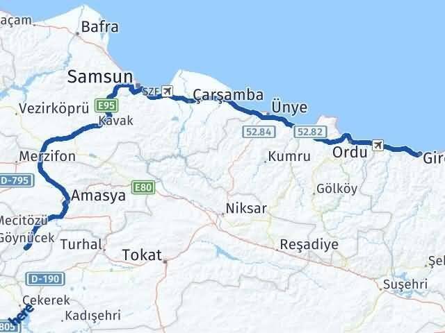 Giresun Göynücek Amasya Arası Kaç Km - Yol Haritası