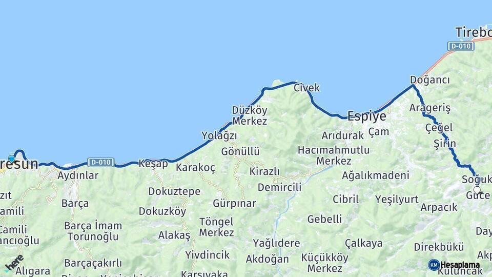 Giresun Güce Arası Kaç Km - Yol Haritası