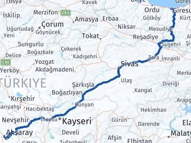 Giresun Gülağaç Aksaray Arası Kaç Km - Yol Haritası