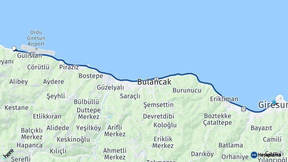 Giresun Gülyalı Ordu Arası Kaç Km - Yol Haritası