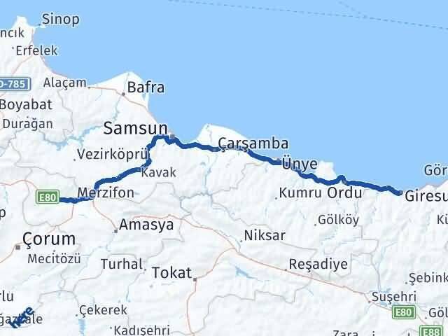 Giresun Gümüşhacıköy Amasya Arası Kaç Km - Yol Haritası