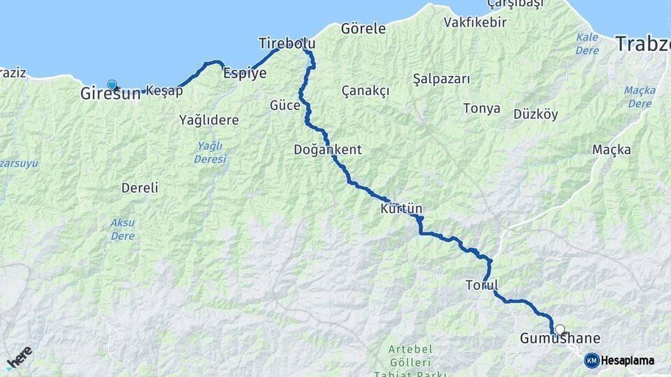 Giresun Gümüşhane Arası Kaç Km - Yol Haritası