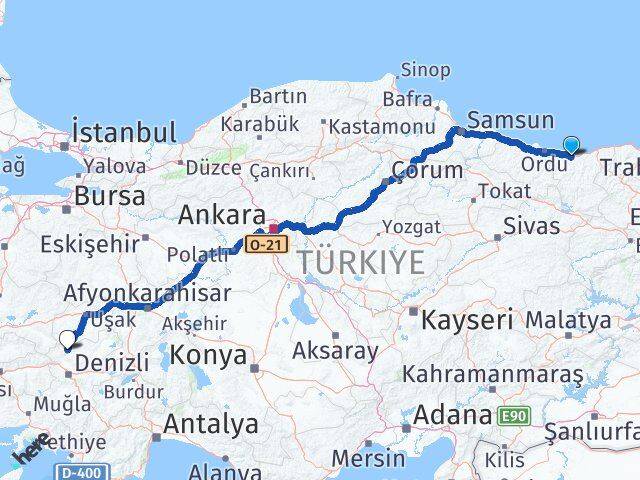 Giresun Güney Denizli Arası Kaç Km - Yol Haritası