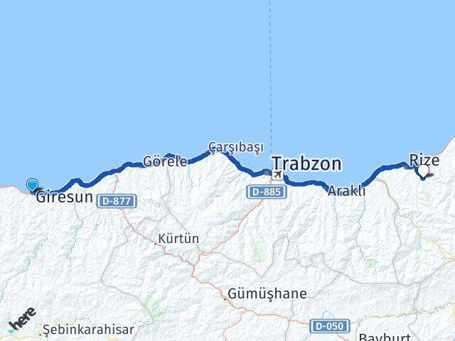 Giresun Güneysu Rize Arası Kaç Km - Yol Haritası