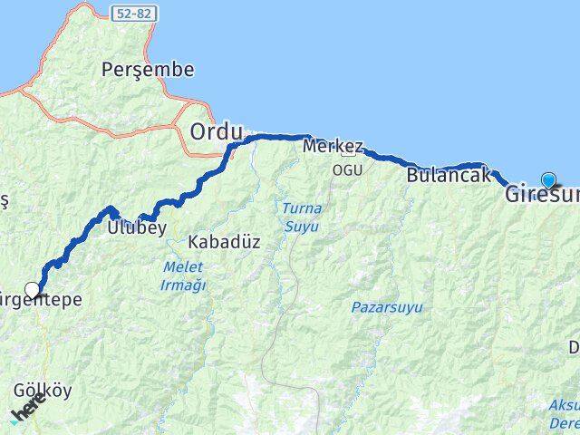 Giresun Gürgentepe Ordu Arası Kaç Km - Yol Haritası
