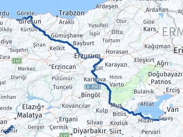 Giresun Gürpınar Van Arası Kaç Km - Yol Haritası