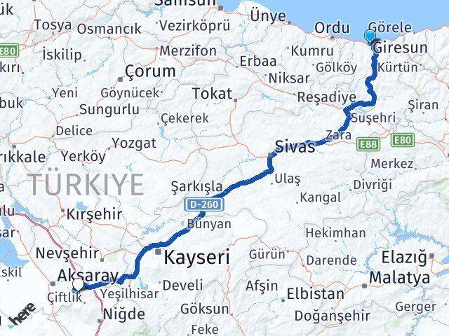Giresun Güzelyurt Aksaray Arası Kaç Km - Yol Haritası