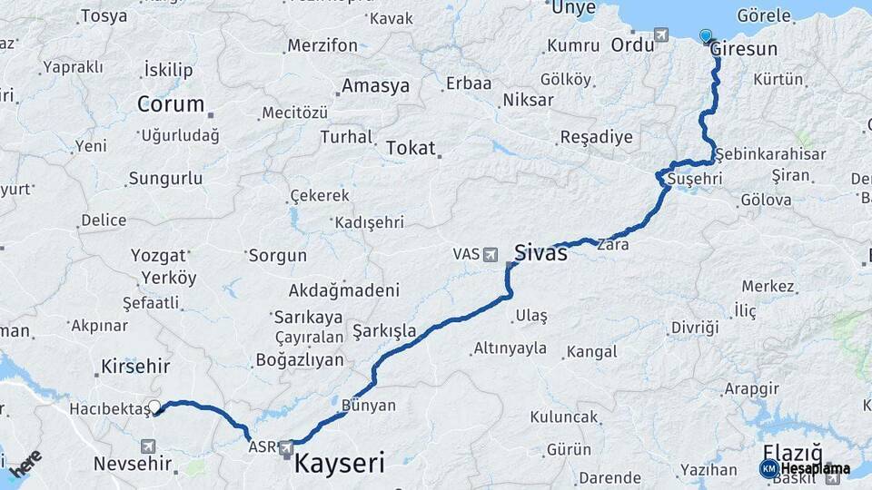 Giresun Hacıbektaş Nevşehir Arası Kaç Km - Yol Haritası