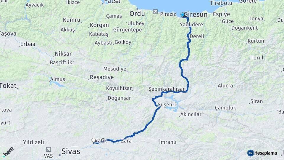 Giresun Hafik Sivas Arası Kaç Km - Yol Haritası