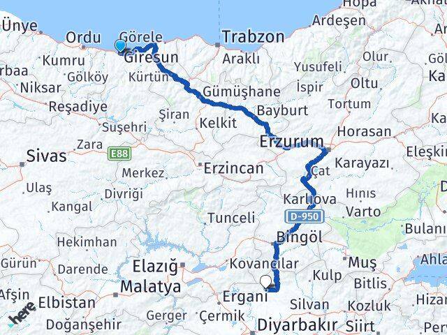 Giresun Hani Diyarbakır Arası Kaç Km - Yol Haritası