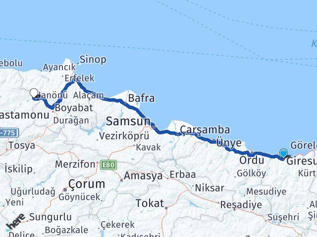 Giresun Hanönü Kastamonu Arası Kaç Km - Yol Haritası