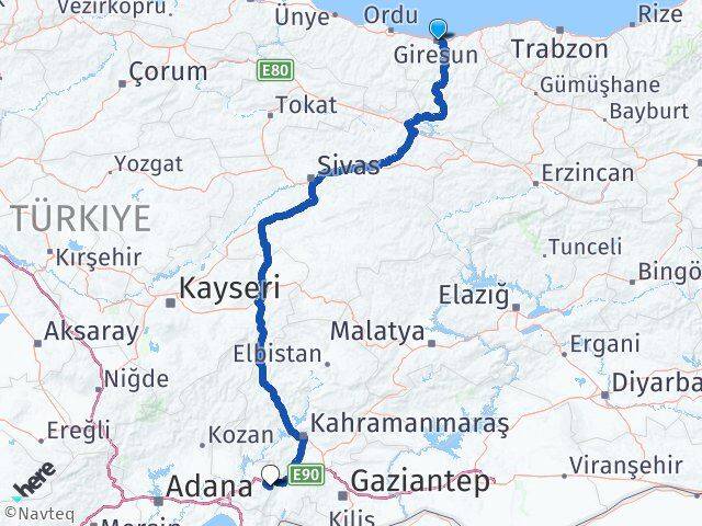 Giresun Hasanbeyli Osmaniye Arası Kaç Km - Yol Haritası