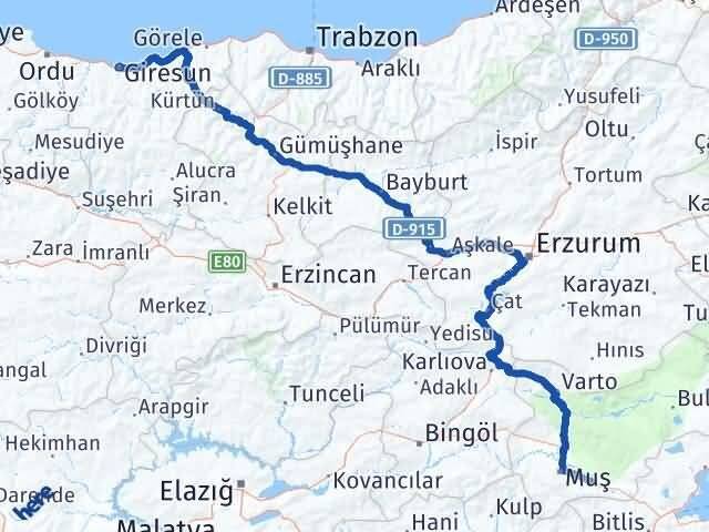 Giresun Hasköy Muş Arası Kaç Km - Yol Haritası