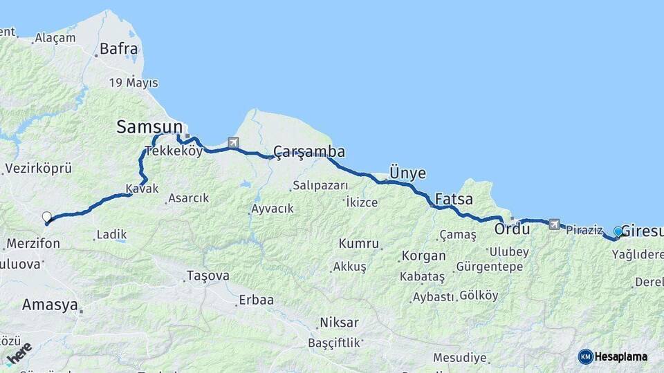 Giresun Havza Samsun Arası Kaç Km - Yol Haritası