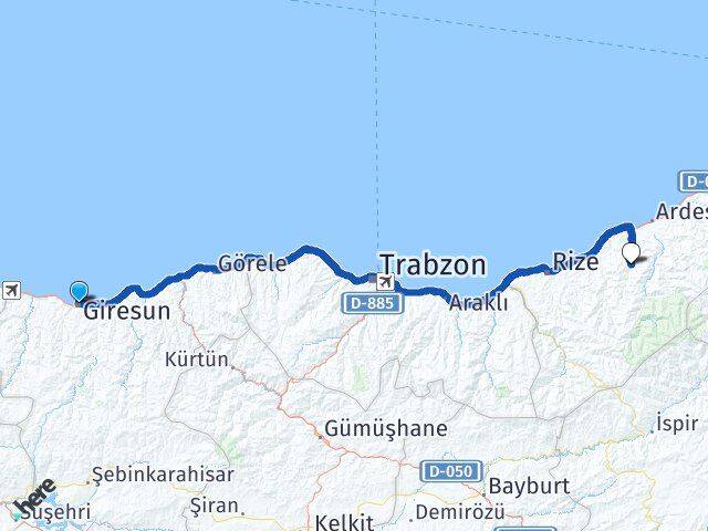 Giresun Hemşin Rize Arası Kaç Km - Yol Haritası