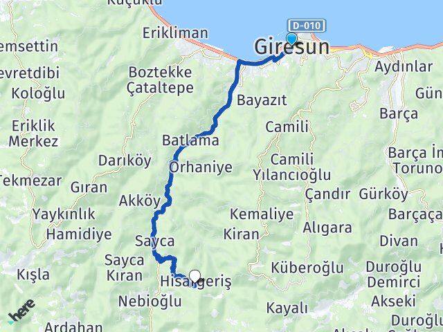 Giresun Hisargeriş Arası Kaç Km - Yol Haritası