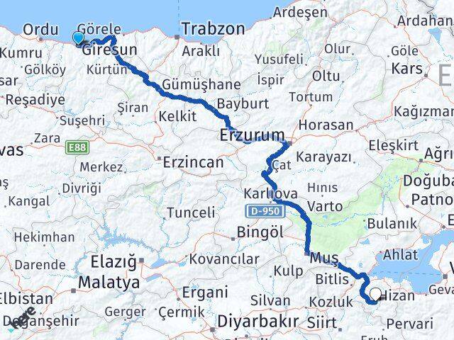 Giresun Hizan Bitlis Arası Kaç Km - Yol Haritası