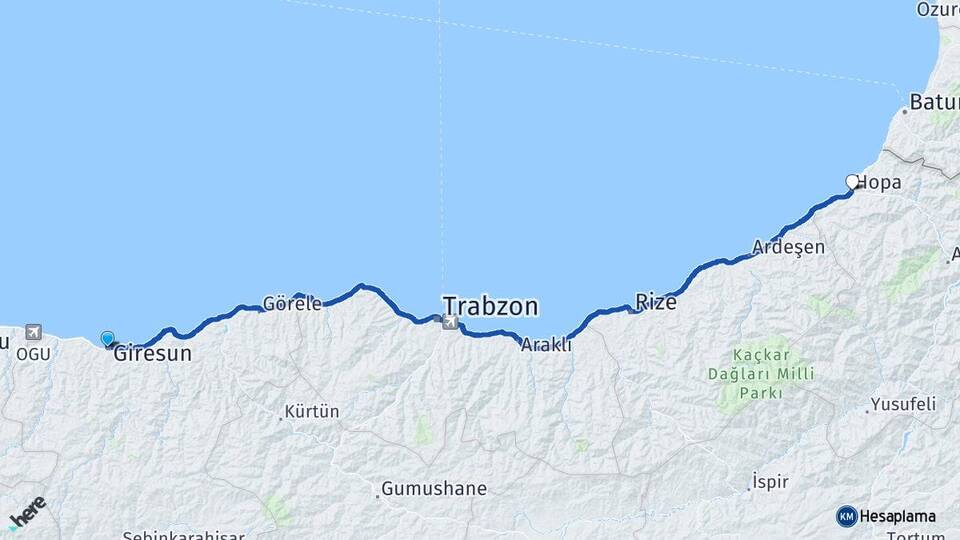 Giresun Hopa Artvin Arası Kaç Km - Yol Haritası