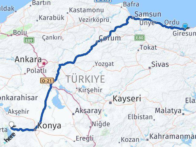 Giresun Hüyük Konya Arası Kaç Km - Yol Haritası