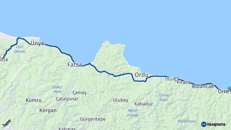 Giresun İkizce Ordu Arası Kaç Km - Yol Haritası