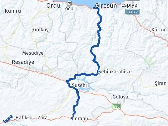 Giresun İmranlı Sivas Arası Kaç Km - Yol Haritası