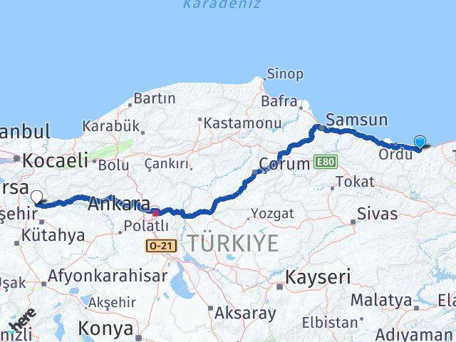 Giresun İnhisar Bilecik Arası Kaç Km - Yol Haritası